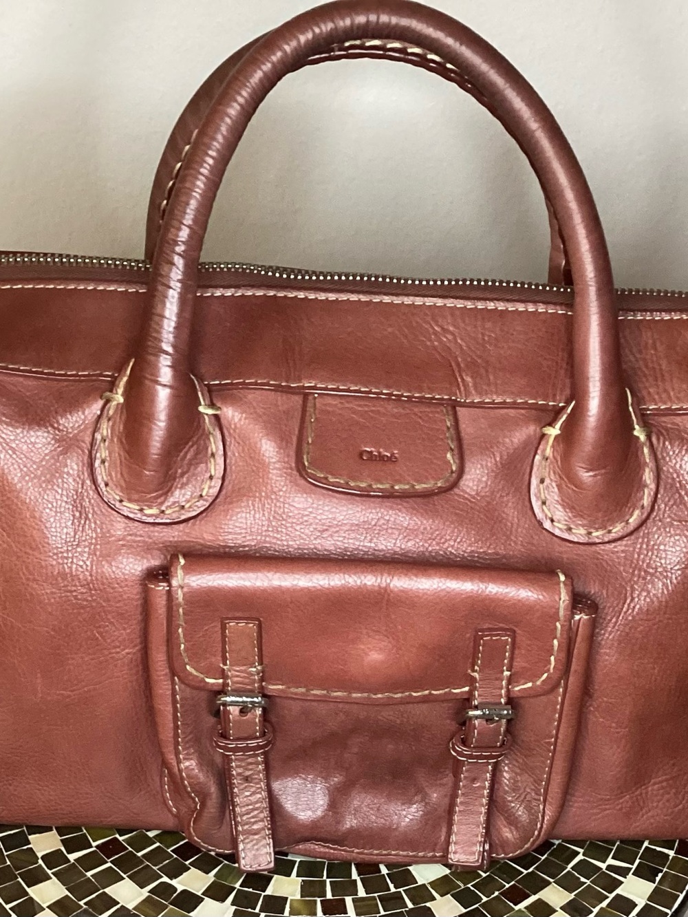 Chloe Cognac Leather Satchel with Front Buckle Pocket